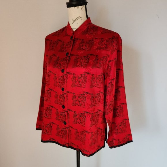 Vintage Chico's Design Silk Satin Japanese Art Mandarin Neck Blouse Button Red - Picture 1 of 11